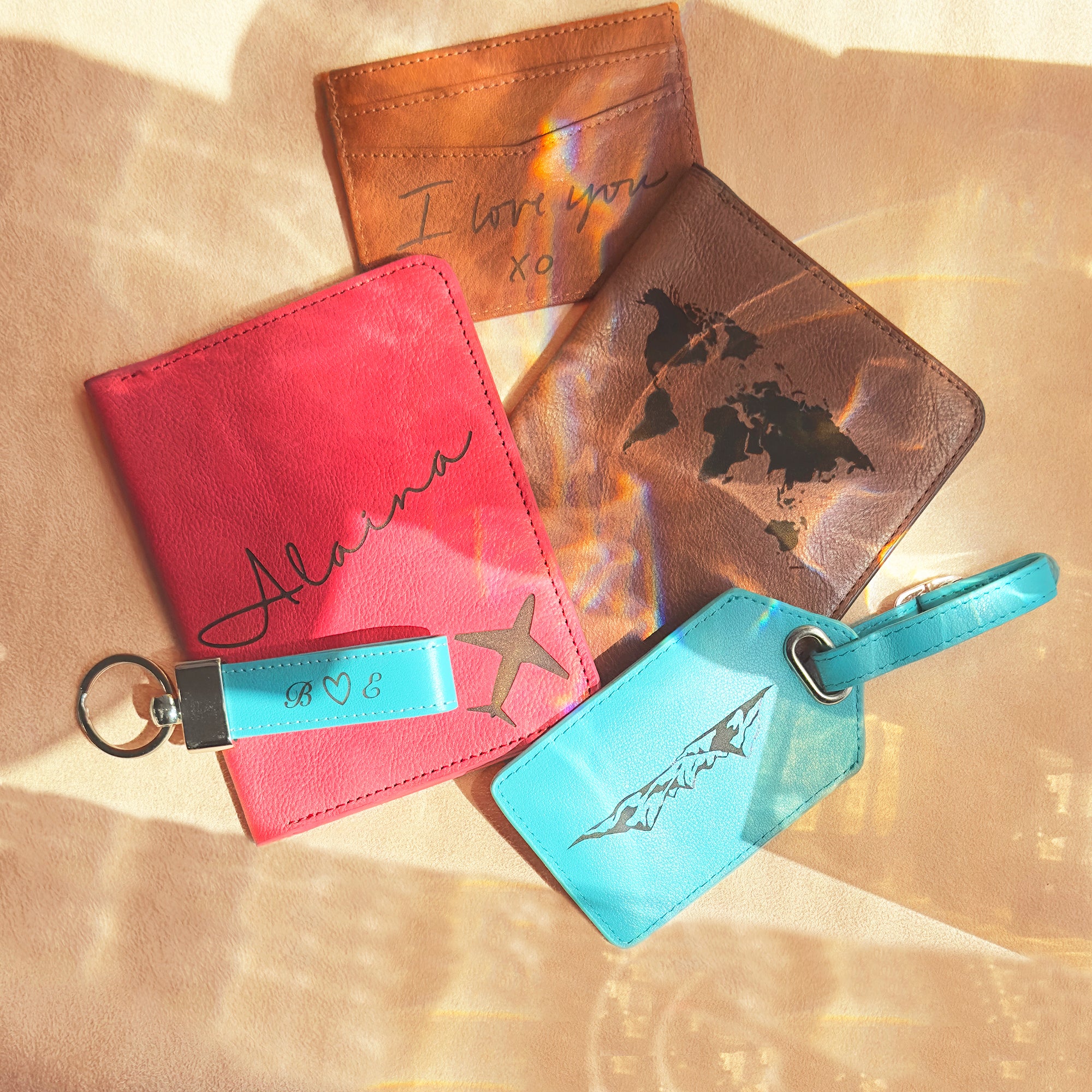 Full leather collection also includes several keychain styles like paddle and loop, luggage tags, passport holders, card and wallet holders, leather anniversary, jet setter, graduation gift, gift for him, gift for her, leather gift, travel accessories
