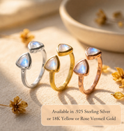 Moonstone triangle rings shown in sterling silver, yellow gold, and rose gold vermeil options.