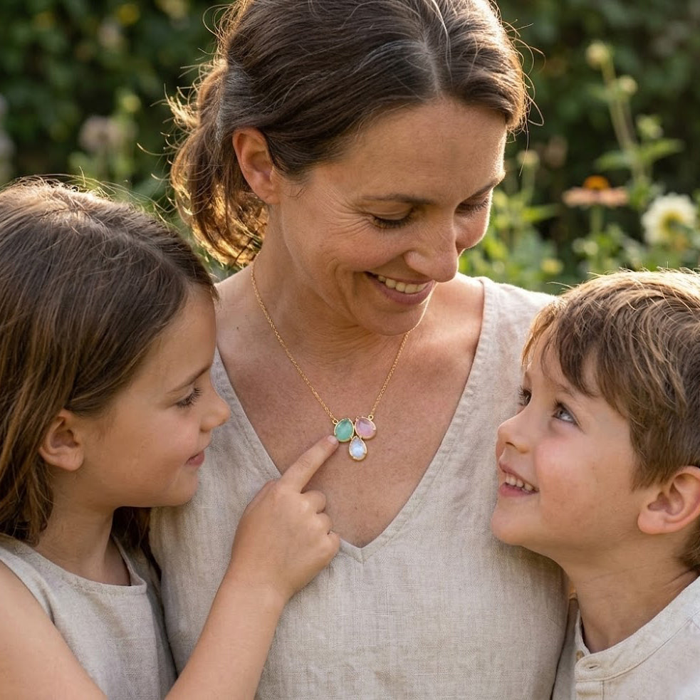 Mother wearing a custom three stone birthstone necklace while smiling with her children, a sentimental jewelry gift for moms.