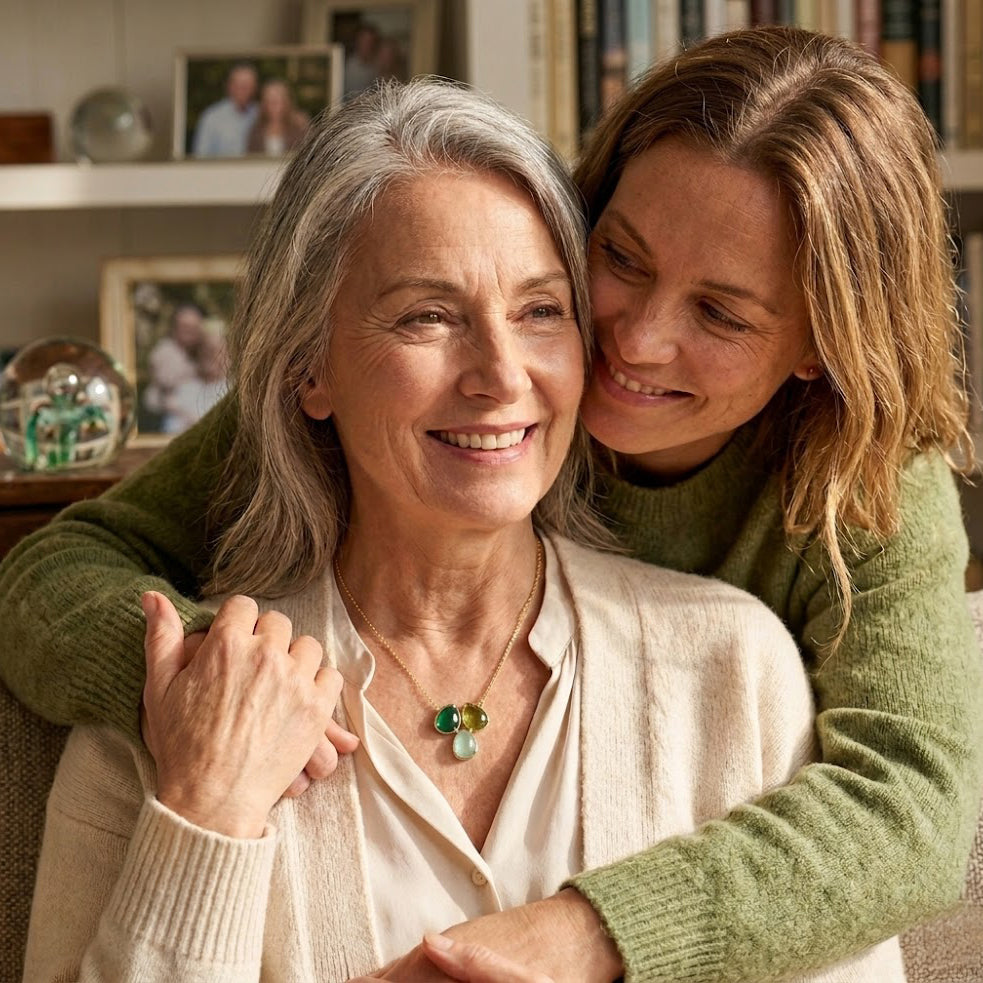 Grandma and granddaughter wearing meaningful birthstone jewelry, custom three birthstone necklace for family keepsake gifting.