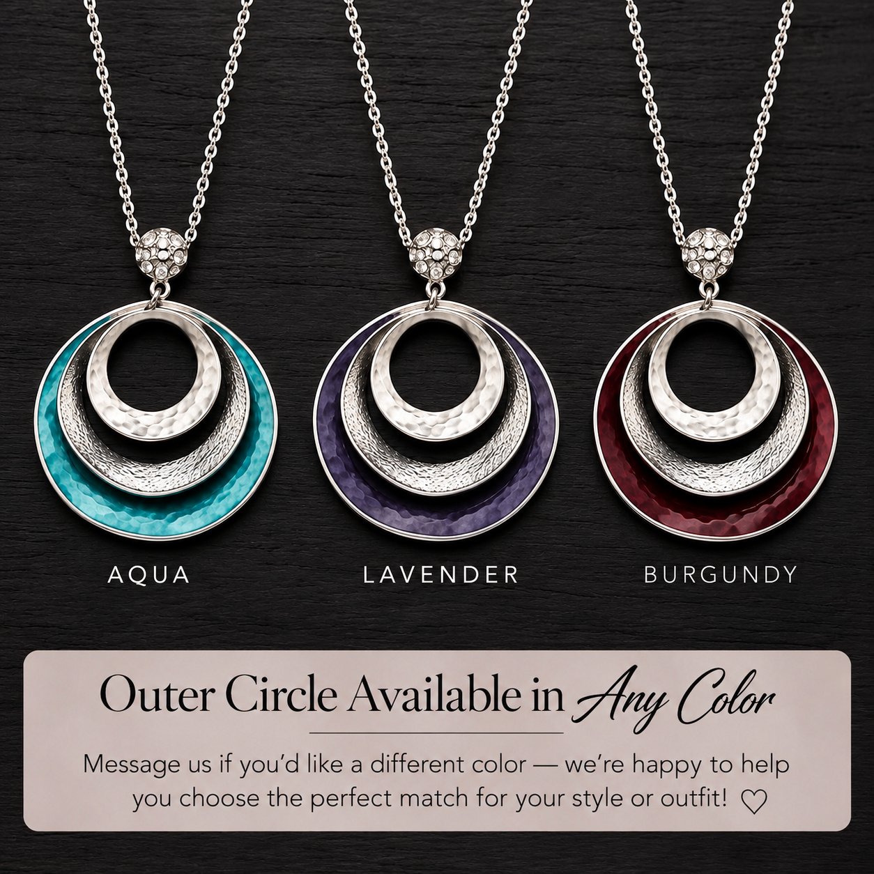 Triple circle necklaces with teal lilac and red custom color accents
