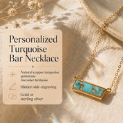 Personalized turquoise bar necklace with natural copper turquoise gemstone and hidden side engraving.

