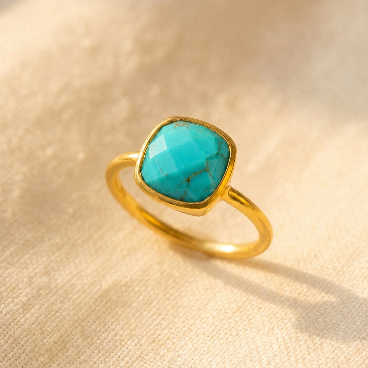 Gold turquoise cushion ring shown alone on warm textured fabric.