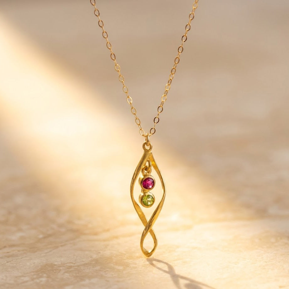 Gold twist birthstone necklace for mom with up to three gemstones minimalist family necklace