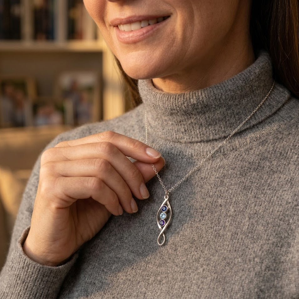 Twirl sterling silverpendant necklace with birthstones representing children family jewelry for mom