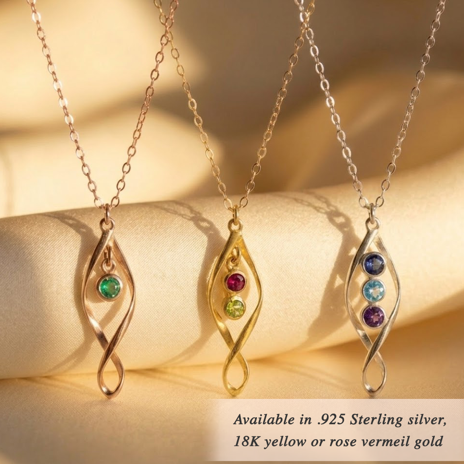 Personalized mom necklace with three birthstones gold infinity twist design
