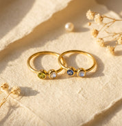 Dainty mom ring with two birthstones, stackable gold ring for mothers and grandmothers