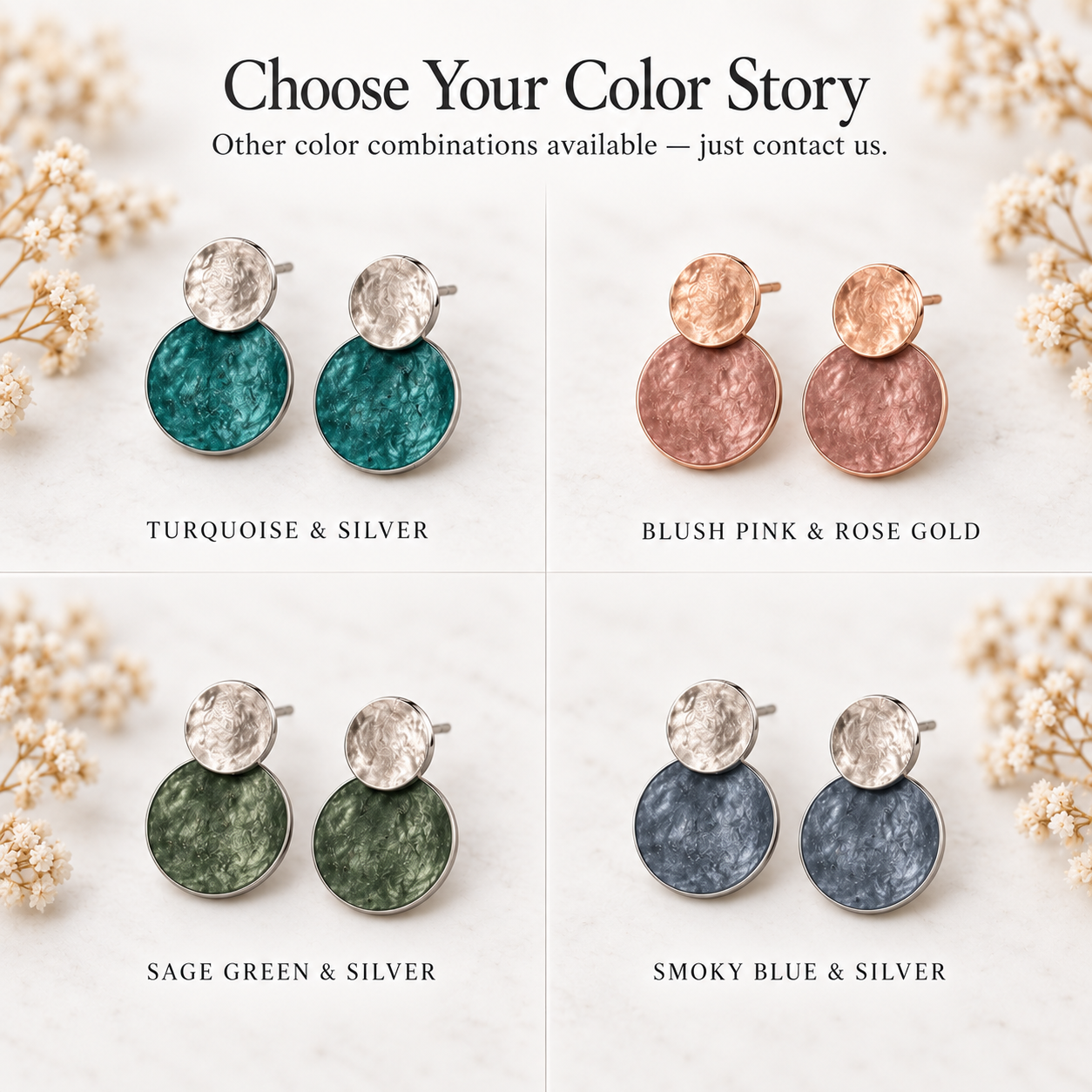 Hammered double disc earring color options in Turquoise Silver Blush Pink Rose Gold Sage Green and Smoky Blue