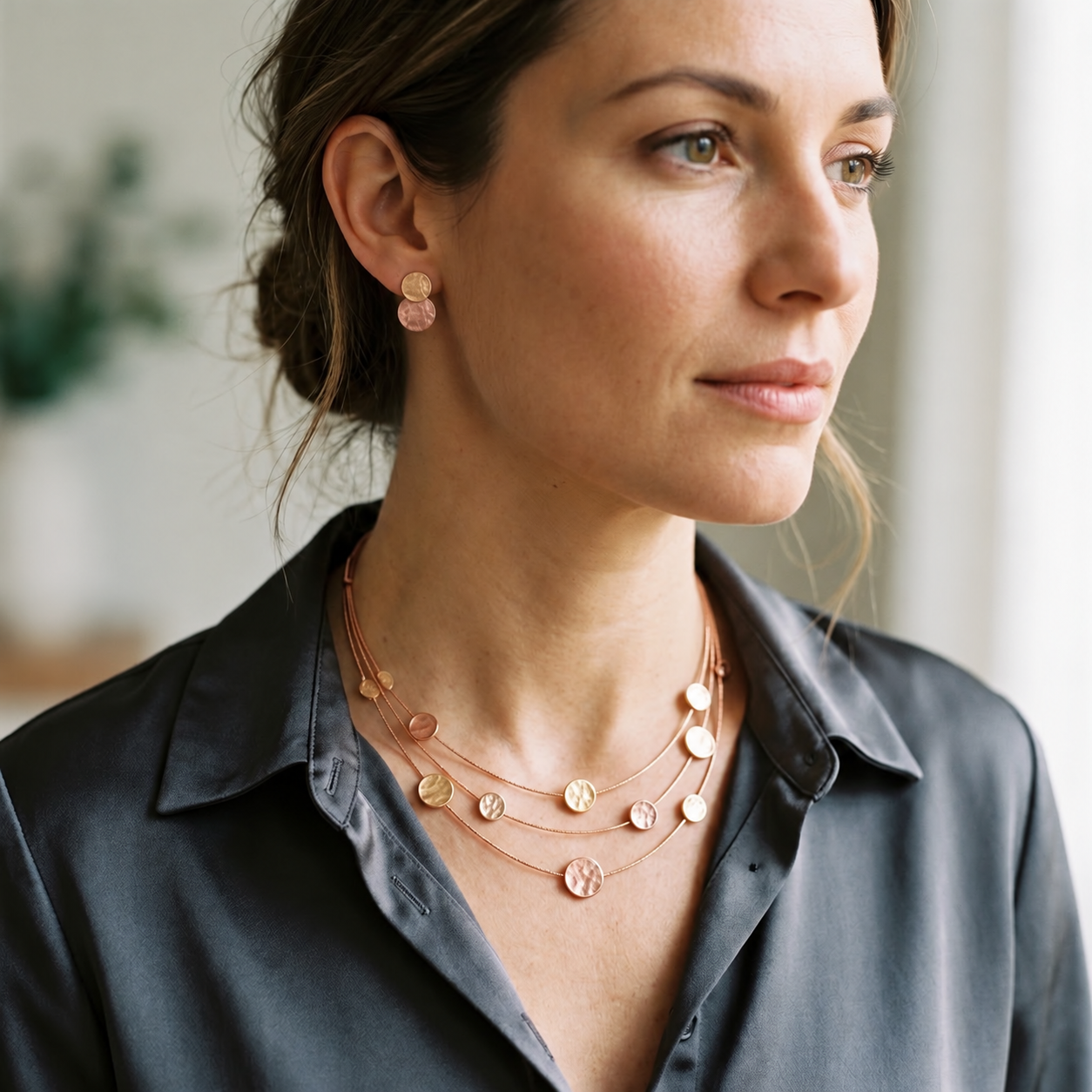Woman wearing Blush Pink and Rose Gold double disc stud earrings with layered necklace
