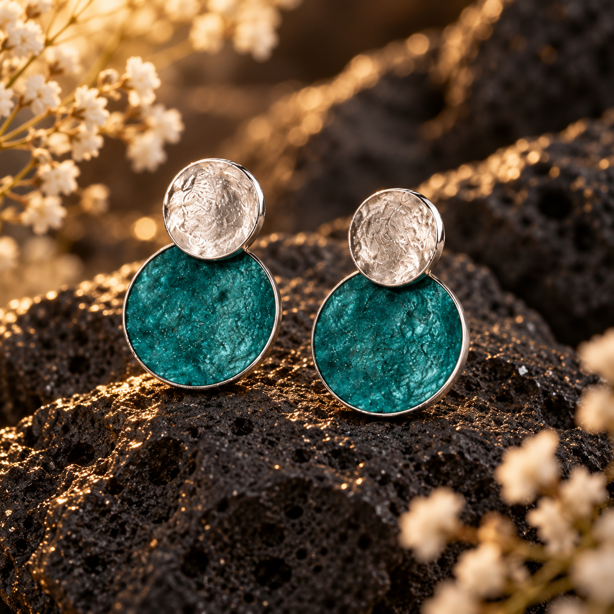 Turquoise and Silver hammered double disc stud earrings displayed on dark textured stone