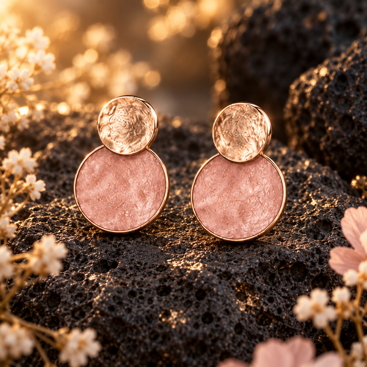Blush Pink and Rose Gold hammered double disc stud earrings displayed on dark stone

