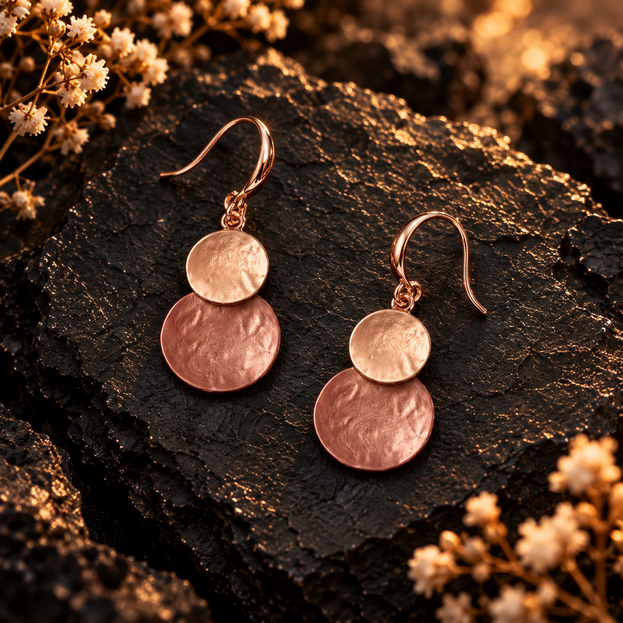 Blush Pink and Rose Gold hammered double disc earrings displayed on dark textured stone

