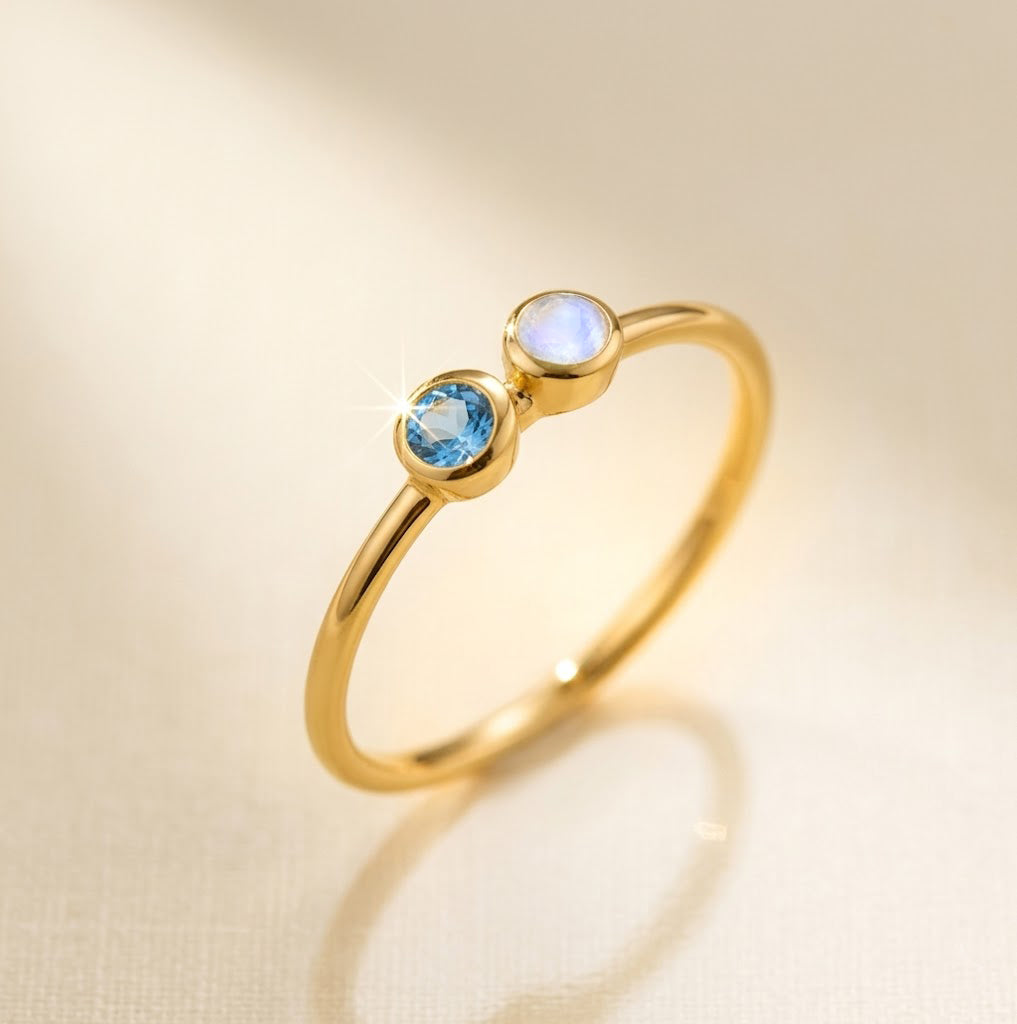 Dainty gold two stone birthstone ring with blue topaz and moonstone, minimalist stacking ring for mom, personalized jewelry gift