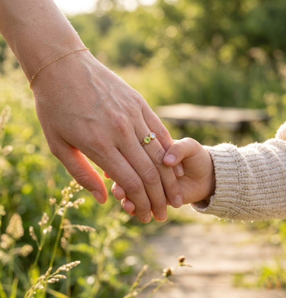Gold two stone ring with colorful birthstones, custom family ring for mom