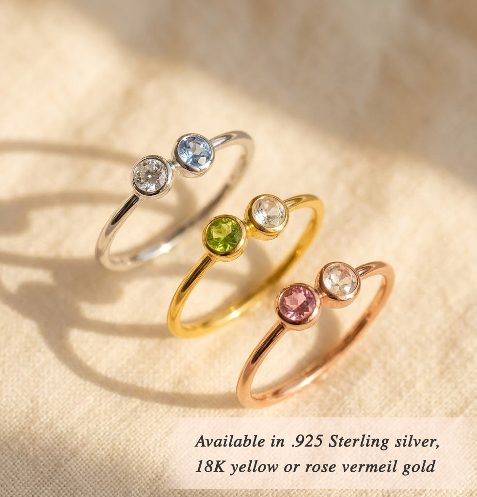 Personalized mothers ring with two gemstones, minimalist gold birthstone ring gift