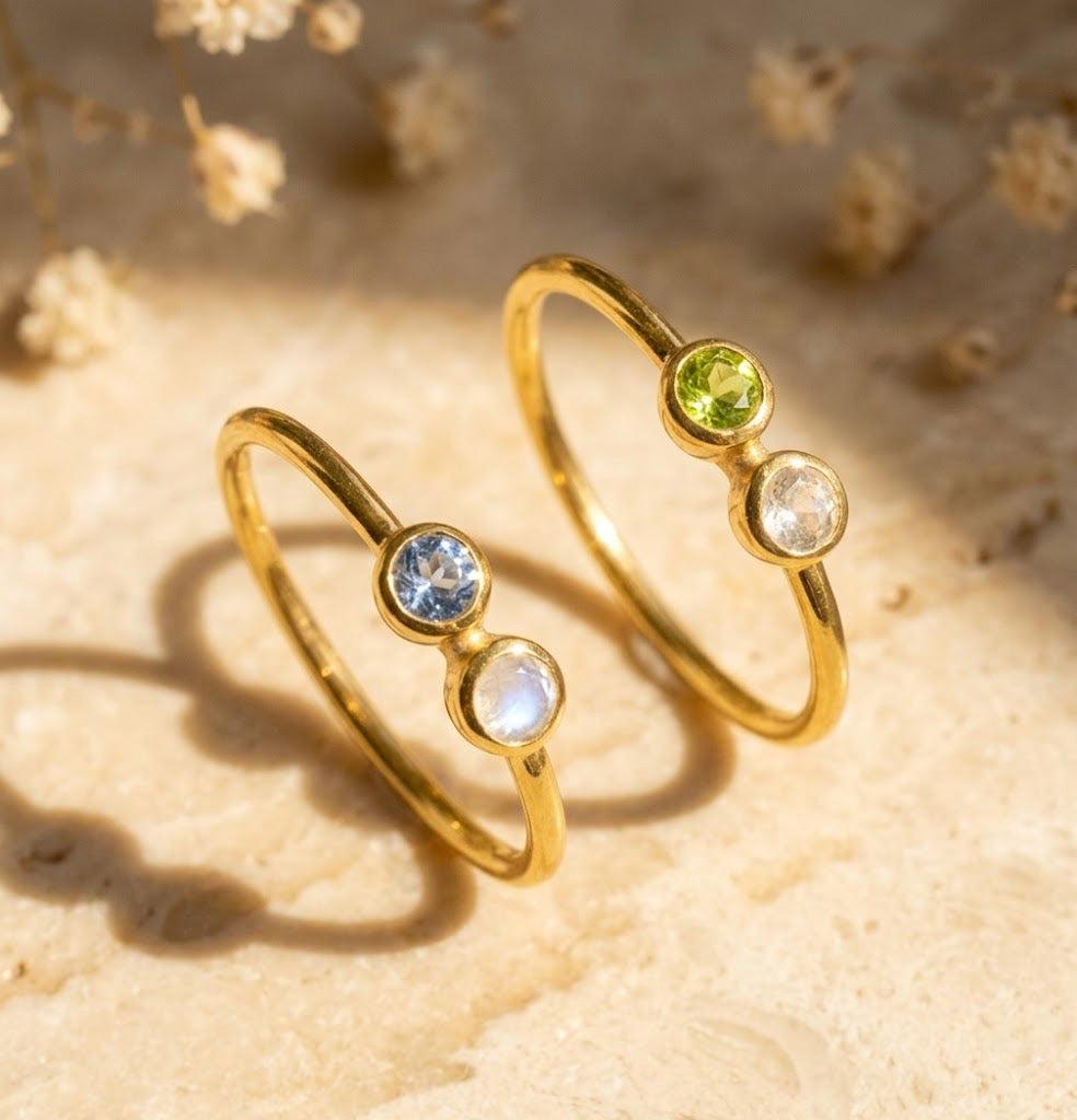Two gold filled dual 3mm birthstone rings featuring kyanite and moonstone and peridot and clear quartz