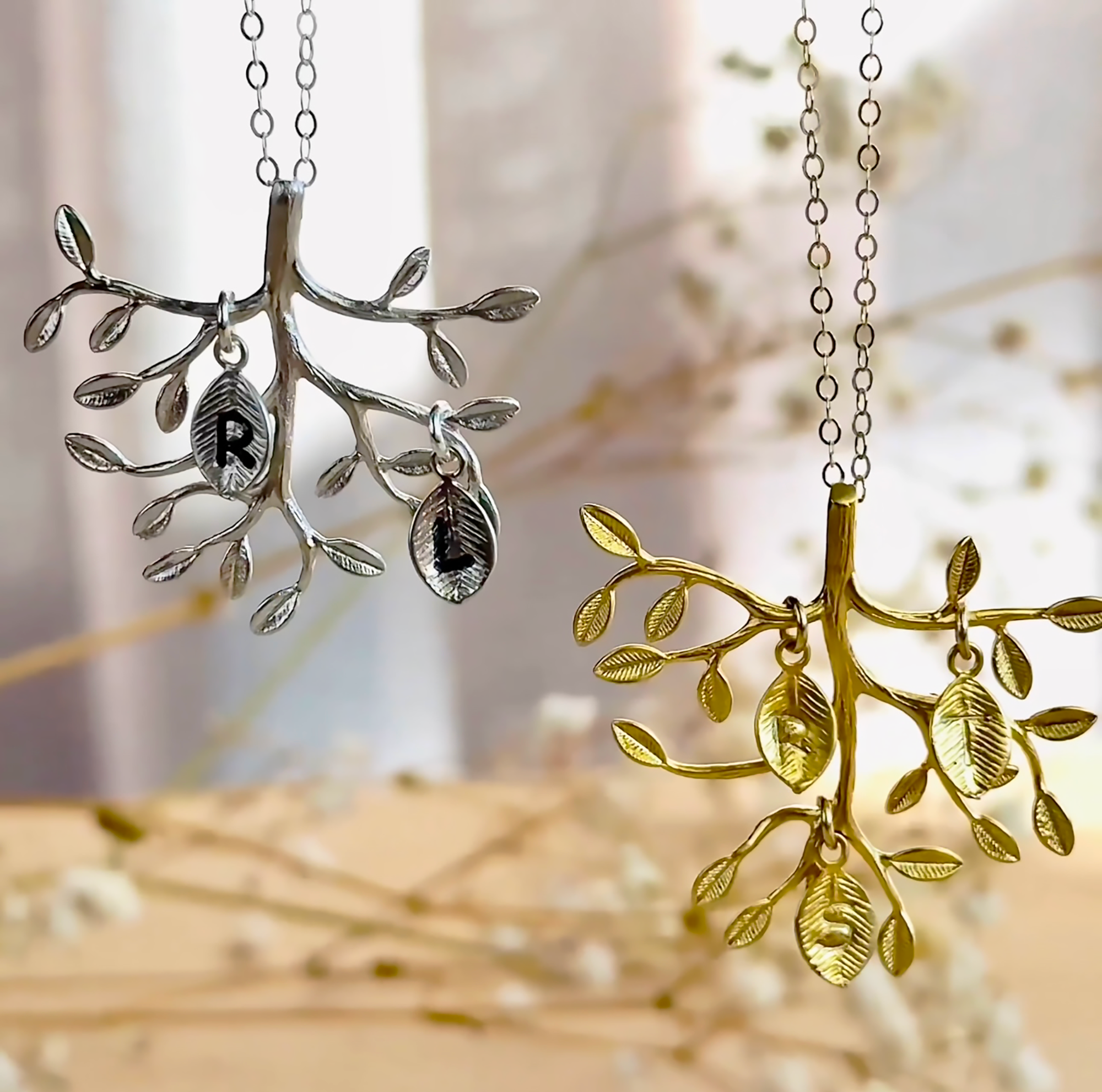 Family Tree Necklace with Dangling Hand Stamped Leaf Initial Charms