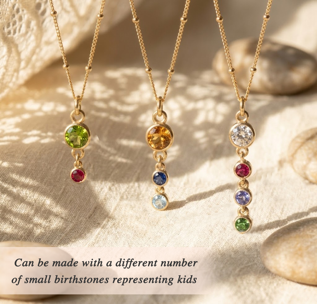 Personalized family necklace with different numbers of small birthstone charms, allowing each stone to represent a child, grandchild, or loved one.