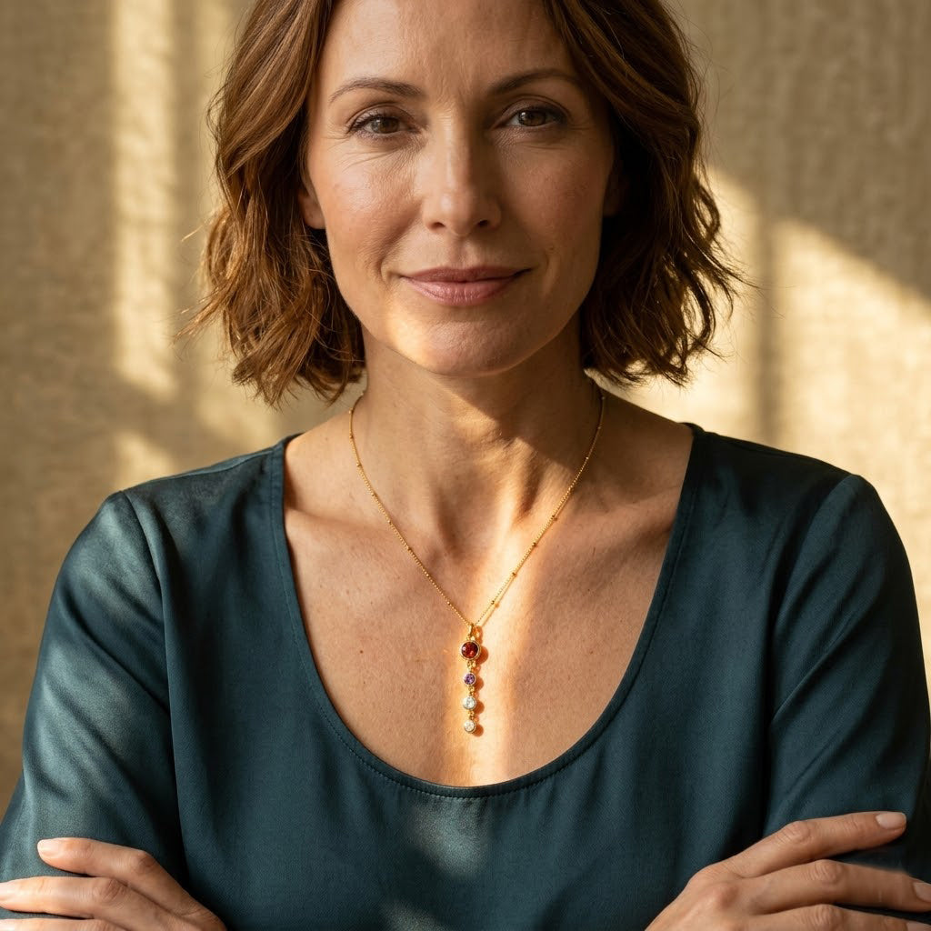 Elegant mom wearing a personalized birthstone necklace with vertical gemstone drop pendant, styled as everyday sentimental jewelry.