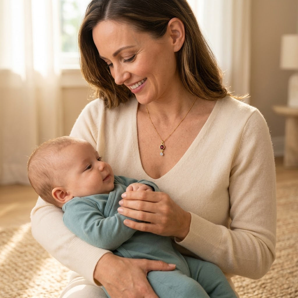 New mom wearing a delicate custom birthstone necklace while holding her baby, perfect for celebrating motherhood and family.
