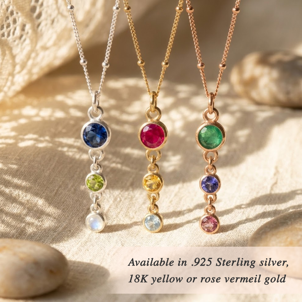 Custom mom birthstone necklace available in gold, silver, and rose gold finishes with colorful gemstone charm combinations.
