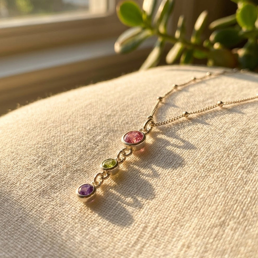 Gold family birthstone necklace for mom with multiple small gemstone charms, designed as a meaningful Mother’s Day keepsake.