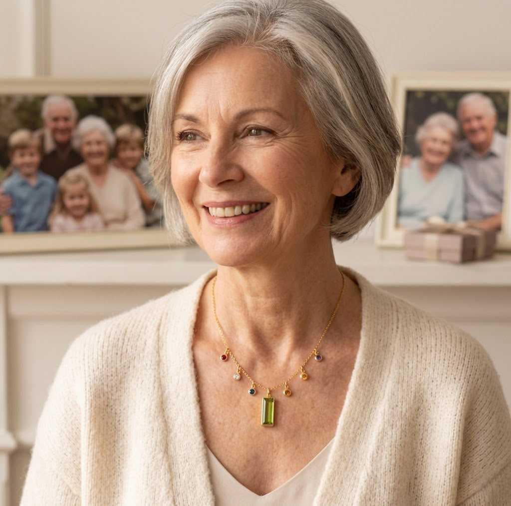Grandmother lifestyle photo featuring a personalized family birthstone necklace, a meaningful jewelry gift for moms who love keepsake accessories.