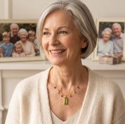 Grandmother lifestyle photo featuring a personalized family birthstone necklace, a meaningful jewelry gift for moms who love keepsake accessories.