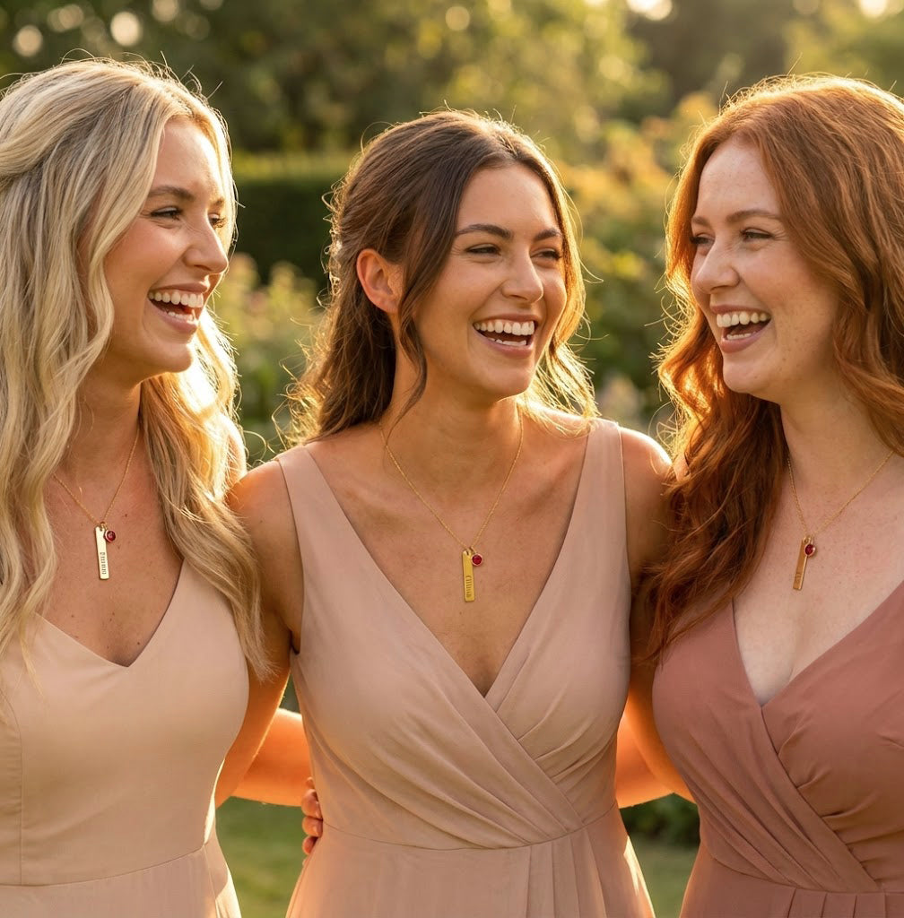 Three women wearing matching personalized bar necklaces with tiny birthstone charms, smiling together outdoors, showcasing custom engraved name necklaces as meaningful gifts for bridesmaids, best friends, or sister jewelry sets.
