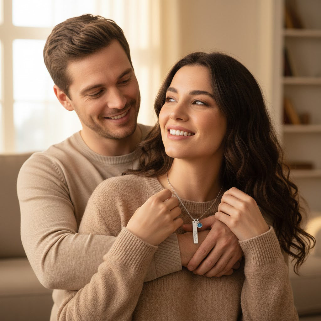 Personalized bar necklace with tiny birthstone charm worn by woman as partner fastens necklace, romantic custom engraved jewelry gift for anniversary, Valentine’s Day, or meaningful couple keepsake