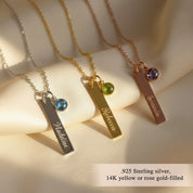 Birthstone bar necklaces in sterling silver, yellow gold, and rose gold finishes showing personalized engraving options