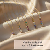 Multiple vertical bar necklaces with colorful birthstones arranged in sets of up to six gemstones. Available in sterling silver, rose gold, and yellow gold filled chains. Minimalist jewelry design perfect as a family birthstone necklace, a meaningful push present, or an anniversary gift. Elegant, handcrafted, and personalized.