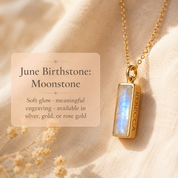 June birthstone moonstone necklace image with text explaining soft glow, meaningful engraving, and silver, gold, or rose gold options.