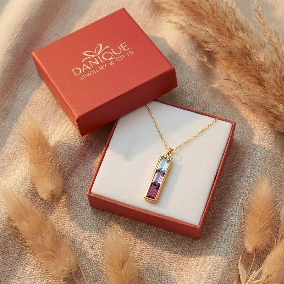 Custom birthstone bar necklace for mom in gift box – personalized mothers day jewelry gift with vertical gemstone pendant