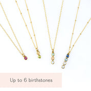 Multiple vertical bar necklaces with colorful birthstones arranged in sets of up to six gemstones. Available in sterling silver, rose gold, and yellow gold filled chains. Minimalist jewelry design perfect as a family birthstone necklace, a meaningful push present, or an anniversary gift. Elegant, handcrafted, and personalized.