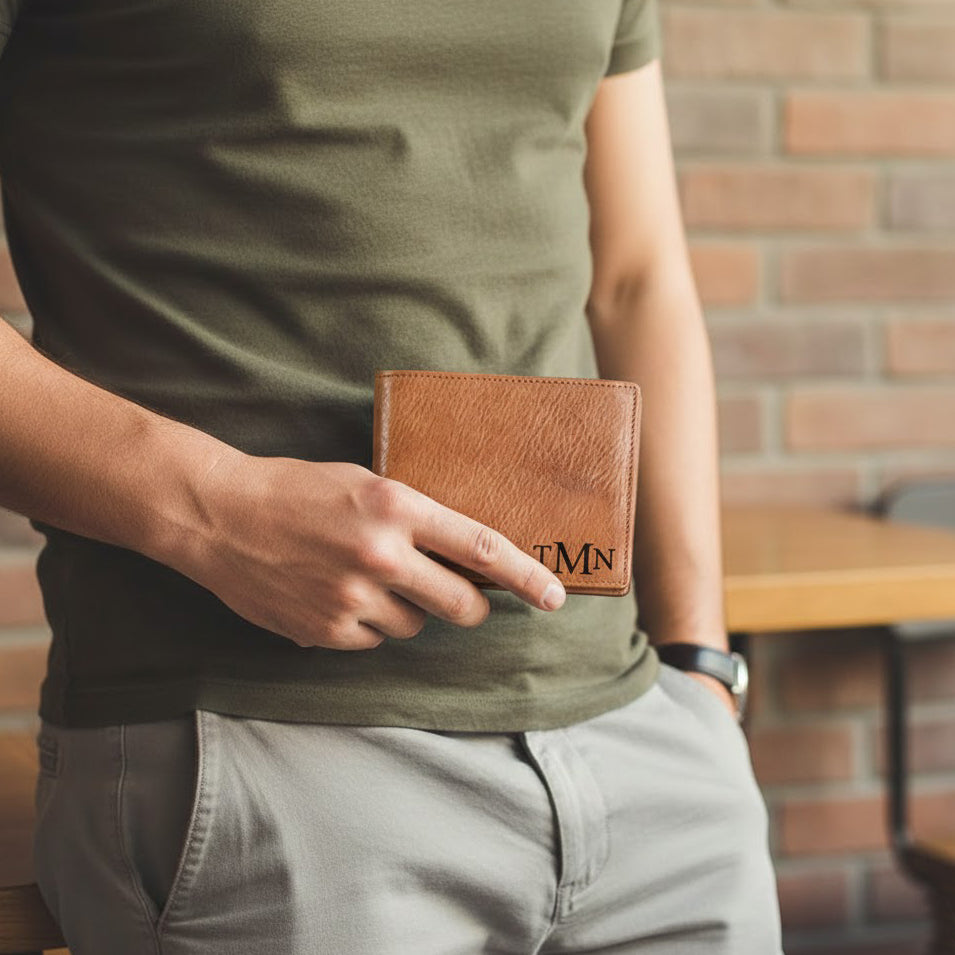 Man holding personalized leather wallet with custom engraving, modern minimalist bifold wallet gift for him