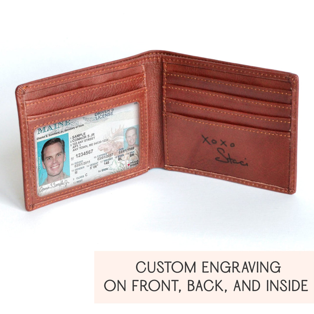 Personalized leather wallet with ID window and multiple card slots, custom engraved for men with initials, handwriting, or monogram. This engraved wallet is handcrafted from natural leather in classic brown, designed for everyday use. A stylish and practical custom wallet for men, perfect as a Father’s Day wallet, birthday gift for husband, or Christmas present for dad or boyfriend.