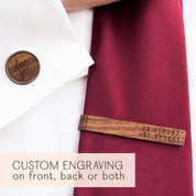 Personalized walnut wood tie clip with engraved coordinates, displayed on red necktie. Perfect gift for weddings, groomsmen, 5th anniversary, Father’s Day, graduation, or retirement. Customizable with initials, monogram, date, or handwriting for a unique and memorable men’s accessory that elevates any formal outfit.
