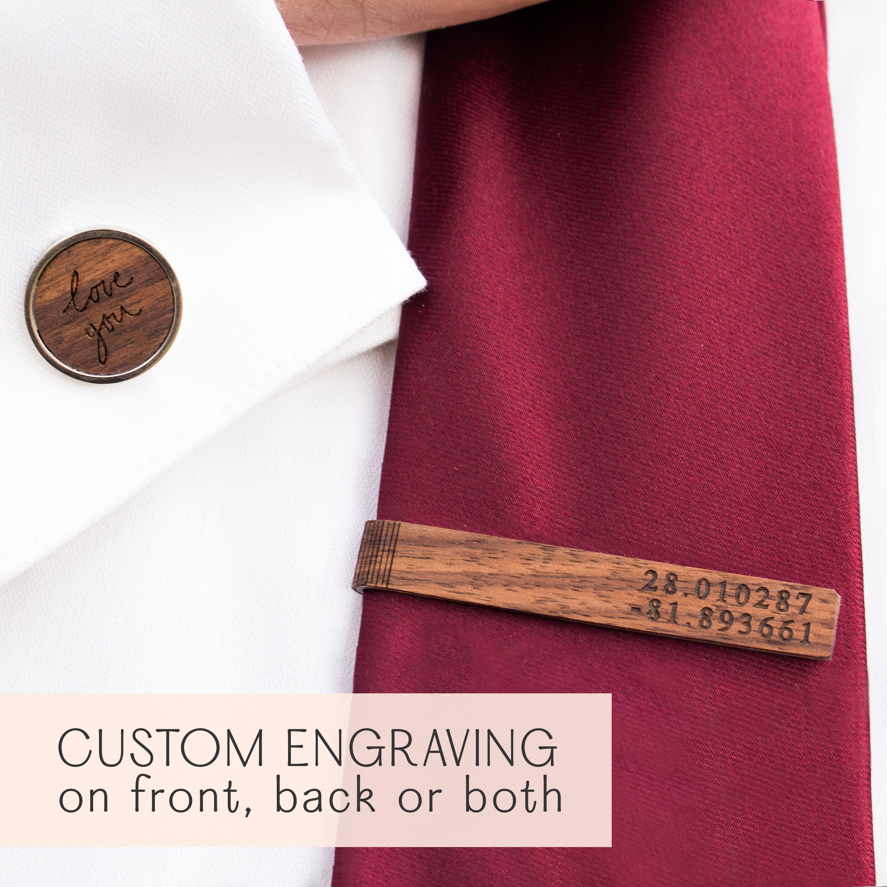 Personalized walnut wood tie clip with engraved coordinates, displayed on red necktie. Perfect gift for weddings, groomsmen, 5th anniversary, Father’s Day, graduation, or retirement. Customizable with initials, monogram, date, or handwriting for a unique and memorable men’s accessory that elevates any formal outfit.