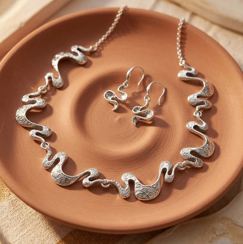 Boho Shifting Waves Jewelry Set, Abstract Statement Minimalist Moving Parts Necklace & Earring Gift Set for Her, Available in Gold, Silver, Rose Gold