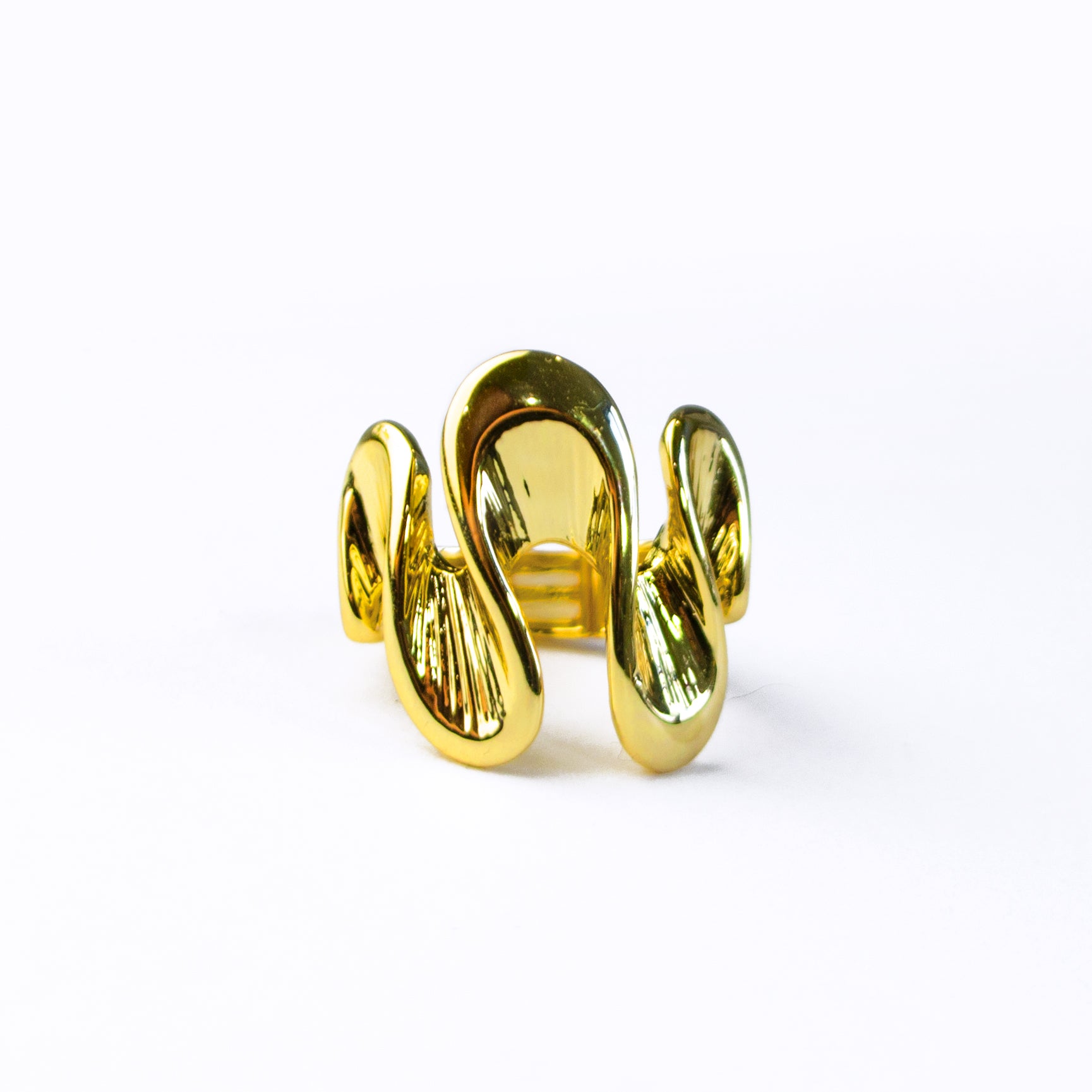 boho style gold wave shaped ring on a white background, Model wears silver textured wave shaped ring on index finger. Stretchy ring, adjustable to fit ring, wave ring, nature inspired jewelry, boho jewelry, nature inspired ring, ocean ring, water ring, bohemian jewelry, zinc alloy, gold, silver, one size fits most, ring for her, mother's day git, christmas gift, gift for girlfriend