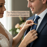 Bride adjusting groom’s tie clip during wedding preparation, featuring a custom engraved tie bar with meaningful personalization. Sentimental wedding accessory and keepsake gift for groom, capturing love, commitment, and timeless style.