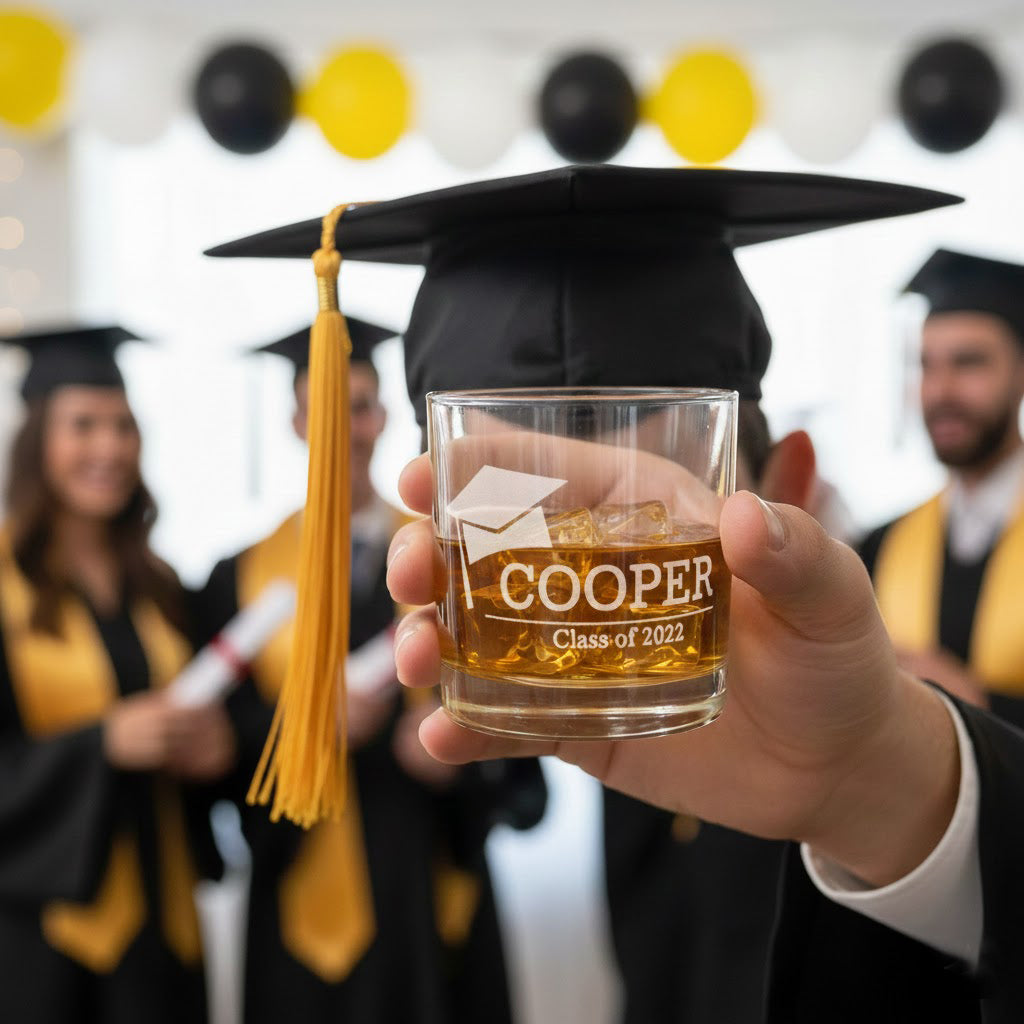 Custom engraved graduation whiskey glass with personalized name and class year, etched old fashioned rocks glass gift for graduates, unique bourbon lover keepsake for college or high school celebration.