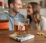 Personalized portrait whiskey glass gift for boyfriend or husband, custom engraved rocks glass for couples, unique anniversary or holiday gift for whiskey lovers.