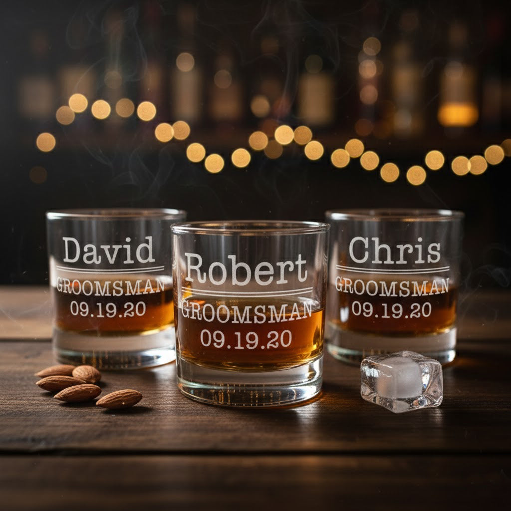 Personalized groomsmen whiskey glasses with engraved names and wedding dates, custom old fashioned rocks glasses for best man and wedding party, unique bourbon lover gift for men.