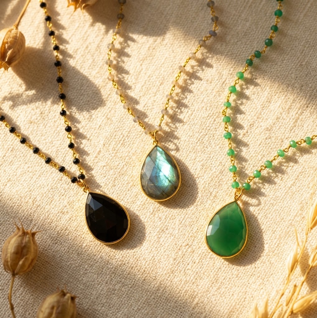 Custom teardrop birthstone necklaces with natural black green and labradorite gemstones
