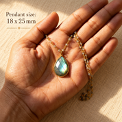 Large labradorite teardrop pendant showing approximately 18 x 25 mm size