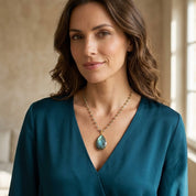 Woman wearing large natural teardrop gemstone wire wrapped necklace

