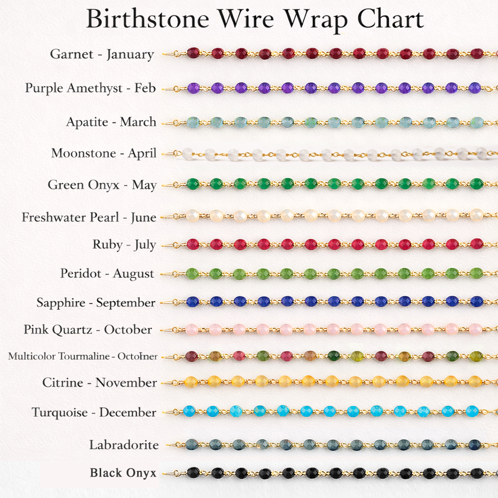 Available gemstones include garnet, purple amethyst, apaptite, moonstone, green onyx, freshwater pearl, ruby, peridot, sapphire, pink quartz, multicolor tourmaline, citrine, turquoise, labradorite, and black spinel