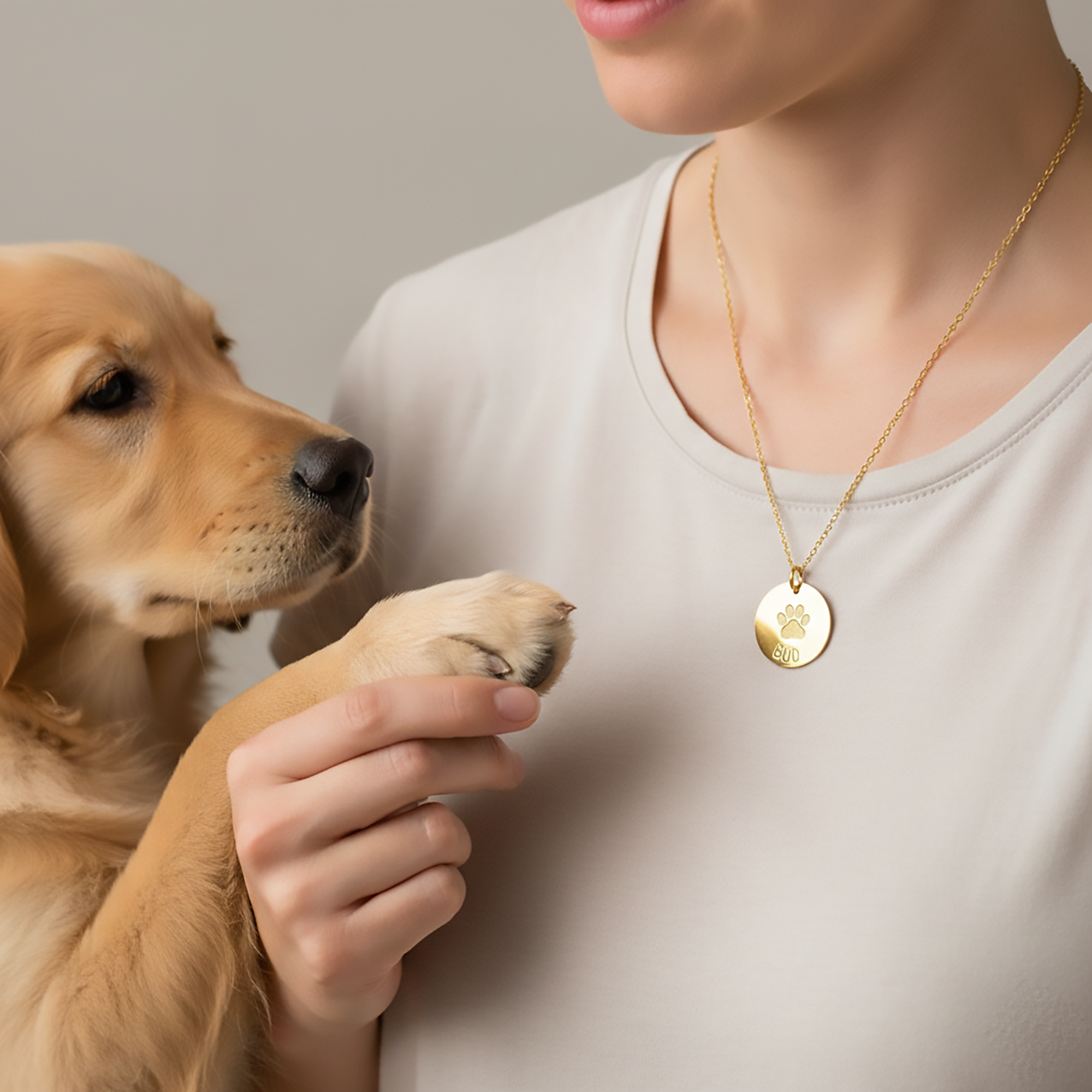Personalized paw print necklace engraved with pet’s name, round disc pendant featuring a detailed paw print design in high polish gold vermeil, custom pet jewelry for dog or cat lovers, sentimental pet memorial necklace and everyday keepsake, handmade paw print charm on delicate gold chain, meaningful gift for pet moms and dads, loss of dog or cat remembrance jewelry, custom engraved pet necklace